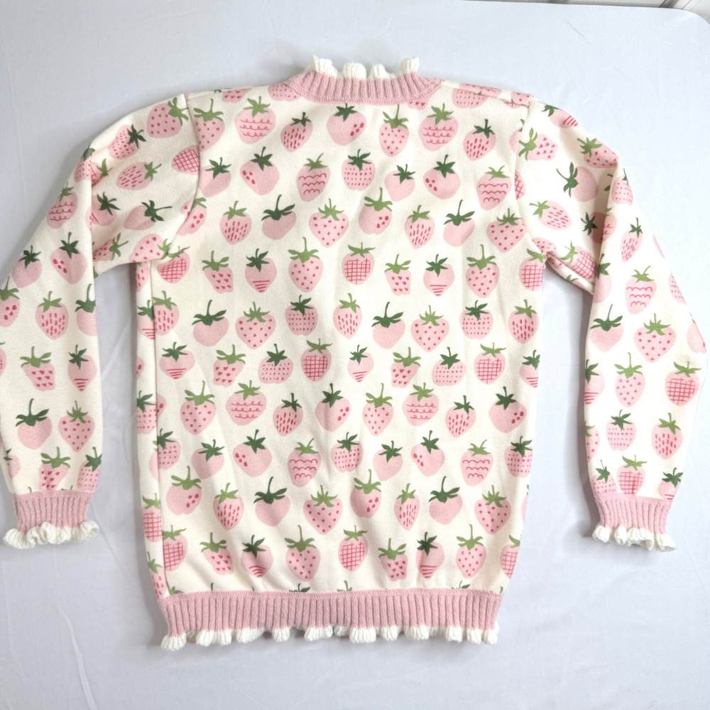 Womens Strawberry Print Ruffle Trim Knit Cardigan Pink Cream V-Neck Button Up - Picture 8 of 11